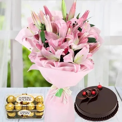  Lilies Bunch &  Cake With Rocher 